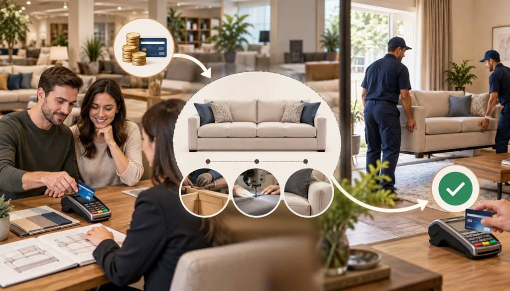 Custom furniture deposit, production, delivery, and final payment process