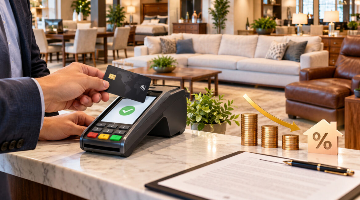 Furniture store card payment with lower processing costs on a large-ticket sale
