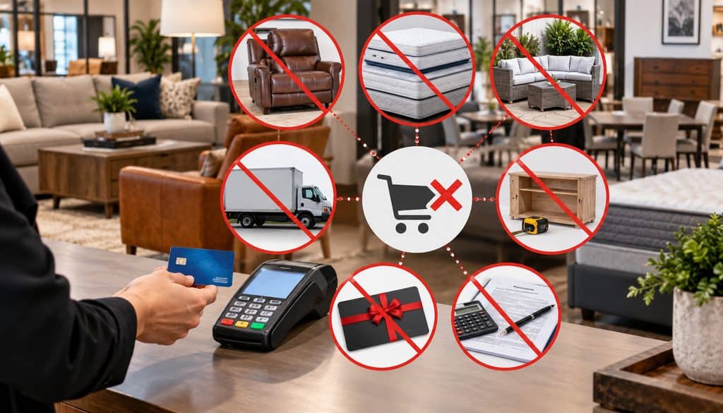 Furniture store payment with icons showing non-qualifying transactions
