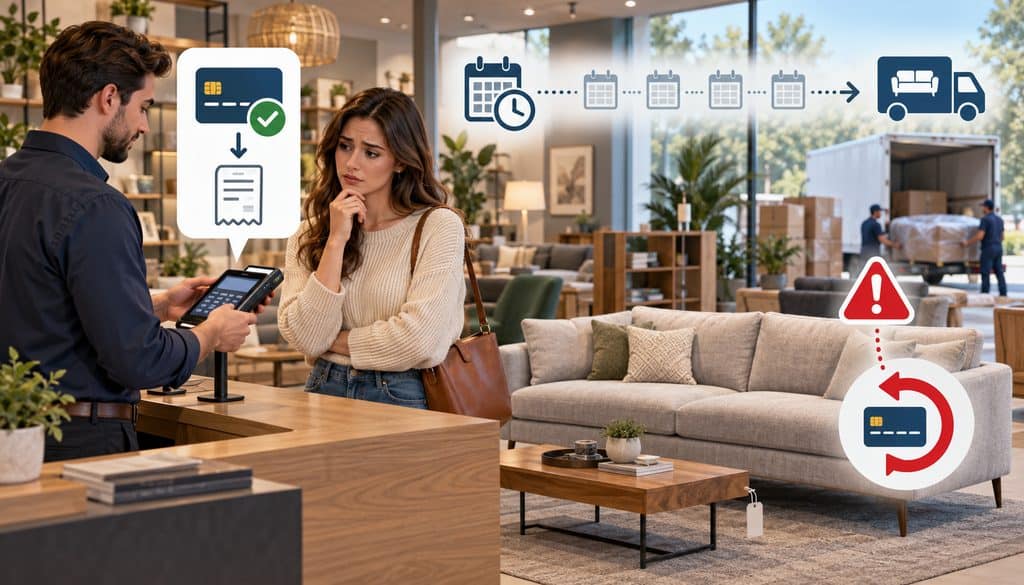 Furniture customer concerned about full payment before delayed delivery and dispute risk